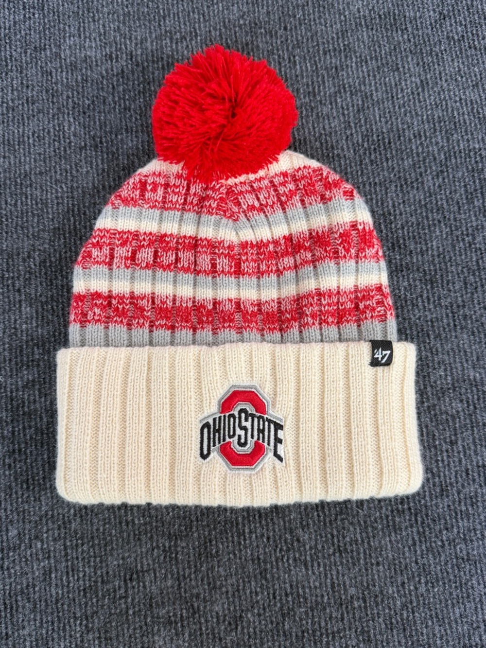 Ohio State Buckeyes ’47 Brand Pom Pom Beanie — Cream/Red/Gray Striped | OSFA